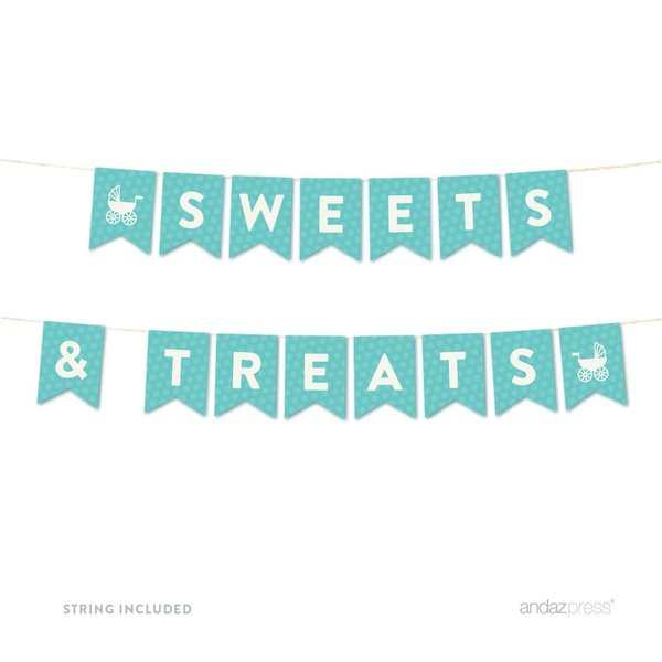 Andaz Press Baby & Co. Baby Shower Collection, Hanging Pennant Party Banner with String, Sweets & Treats, 5-Feet, 1-Set, Decor Paper Decorations
