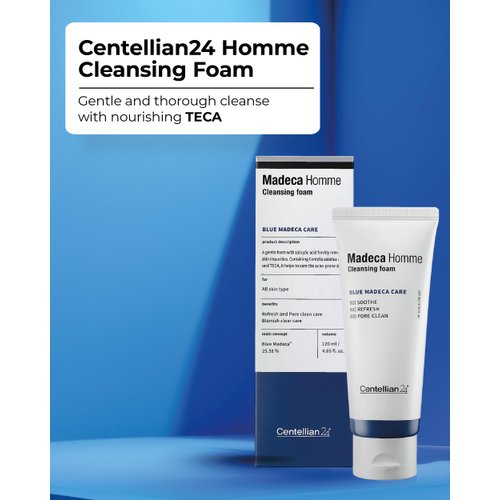 CENTELLIAN 24 Homme Cleansing Foam with TECA and Centella Asiatica for Soothing, Refreshing, and Pore-Cleaning - Gentle Daily Face Wash & Shave for Men for Sensitive Acne Prone Oily Skin (4.05 fl oz)