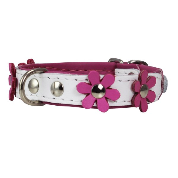 Real Leather Daisy Flowers Dog Collar (White/Pink, 8.75"-10.5" Neck; 1/2" Wide)