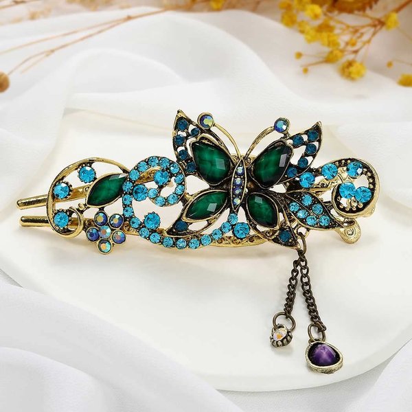 Casdre Baroque Butterflies Hair Clip Gold Crystal Vintage Hair Barrette Party Hair Piece Evening Party Hair Accessories for Women and Girls (B Blue)