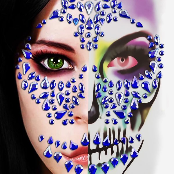 Skull Face Gems Tattoo Sticker Day Of The Dead & Halloween Blue Glitter Temporary Face Rhinestone Stickers, Skeleton Face Jewel Stick on Face Gems Stick on for dia de los muertos Supplies 1 Pack