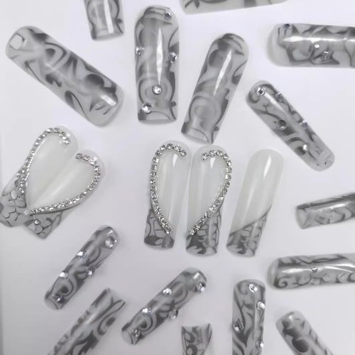 Press on Nails Long Square Fake Nails Black French False Tip with Rhinestones Charms Design Glue on Nails 3D Heart Stick on Nails Elegant Glitter Glossy Acrylic Nails for Women Manicure 24Pcs
