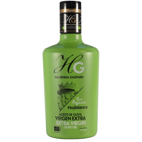 HACIENDA GUZMÁN - Organic and Bio Extra Virgin Olive Oil Hojiblanca. Ideal for grilled or fresh vegetables and white fish. Available in 16.9 FL OZ (500 mL) Bottle.