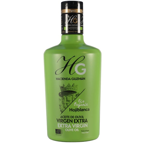 HACIENDA GUZMÁN - Organic and Bio Extra Virgin Olive Oil Hojiblanca. Ideal for grilled or fresh vegetables and white fish. Available in 16.9 FL OZ (500 mL) Bottle.