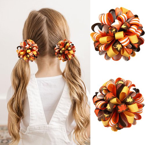 2PCS Fall Thanksgiving Korker Hair Bows Clip Maple Leaf Hair Clip Curly Corker Bow Alligator Barrette Non-Slip Hairpin Autumn Hair Accessories for Women (Style B)