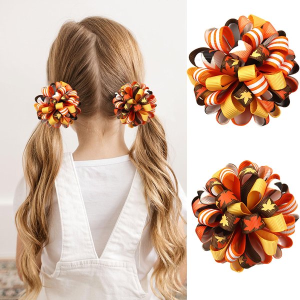 2PCS Fall Thanksgiving Korker Hair Bows Clip Maple Leaf Hair Clip Curly Corker Bow Alligator Barrette Non-Slip Hairpin Autumn Hair Accessories for Women (Style B)