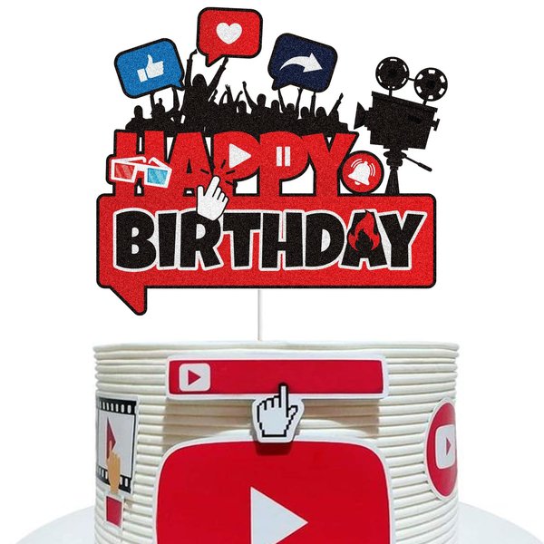 Social Media Happy Birthday Cake Topper Red Glitter Playing Musical Subscribe Cake Decoration Teens Boys Girls Adult Birthday Party Supplies