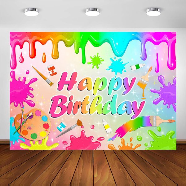 Avezano Art Paint Happy Birthday Backdrop Kids' Artist Theme Birthday Party Decorations Mess Graffiti Wall Photography Background Let's Paint Party Banner Supplies (7x5ft)