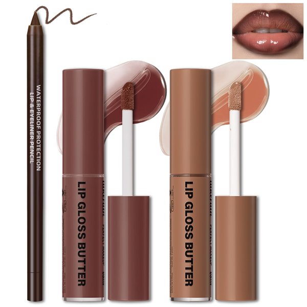 HOSAILY 2 Colors Butter Gloss Hydration Non-Sticky Plumping Lip Gloss for Women Natural Nude Tinted Lip Glow Oil Moisturizing Lightweight Long Lasting High Shine Liquid Lipstick with Lip Liner Combo