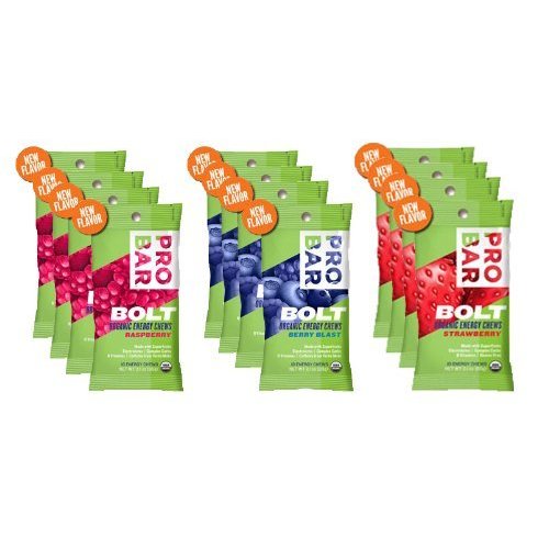 Probar Bolt Organic Energy Chews Bundle Strawberry,berry Blast and Raspberry - Four of Each Flavor, Box of 12
