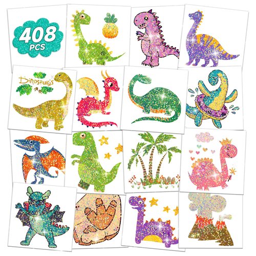 EMOME 408 Styles Glitter Temporary Tattoos for Kids, Dinosaur Tattoos Stickers Boys Waterproof, Dinosaur Theme Party Favors Supplies Decorations Gifts for Children Birthday