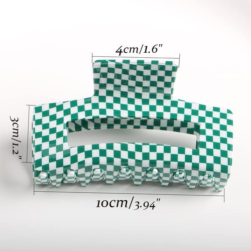 Checkered Hair Claw Clips,Pack of 3,Vintage Green/White Checkered Claw Clips Cellulose Acetate Banana Clips,Nonslip Hair Clamp for Women Girls (Green)