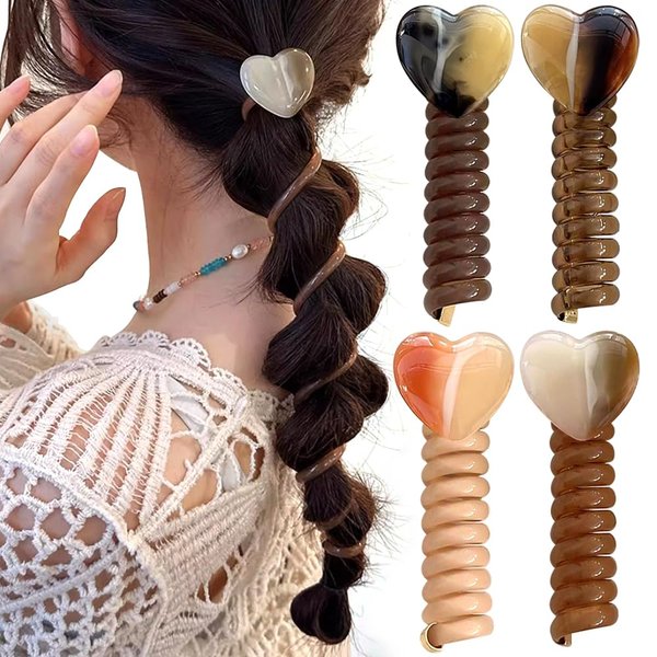 4Pcs Telephone Wire Hair Bands Spiral Hair Ties,Heart Decor Straight Phone Cord Hair Ties No Damage Coil Hair Ties Telephone Cord Hair Ties for Thick Hair Ponytail Holders Accessories for Women Girls