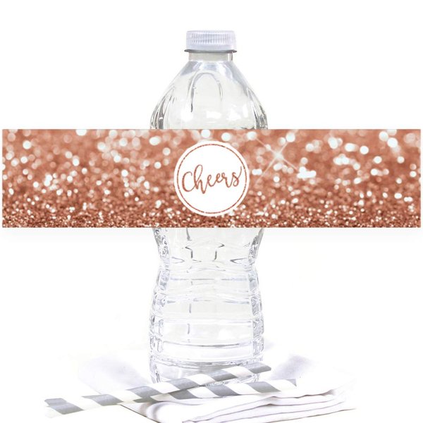 Andaz Press Glitzy Faux Rose Gold Glitter Water Bottle Sticker Labels, Cheers!, 20-Pack Prom Water Bottle Labels Bachelorette Wedding Birthday Anniversary Graduation