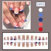 24Pcs 4th of July Press on Nails Medium, Nail Tip with Nail Glitter Stars USA Flag Design Fake Nails Independence Day Glue on Nails Full Cover French Tip False Nails for Holiday Nail Art Decoration