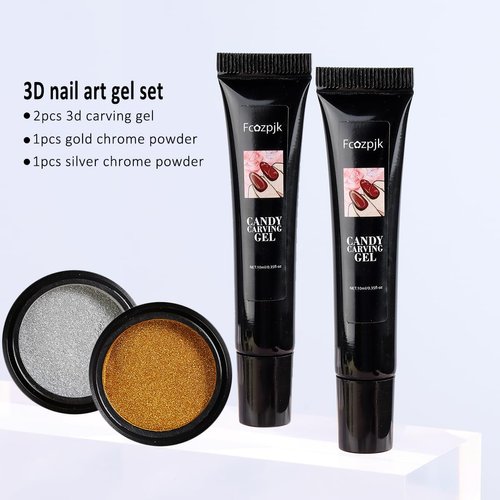 Fcozpjk 3D Sculpting Gel for Nail Art, 2PCS 10g Clear 3D Nail Art Gel Liner Nail Polish Carving Modeling Gel for Nail Design, 5D Embossed Gel Candy Gel with Gold Silver Chrome Nail Powder Kit