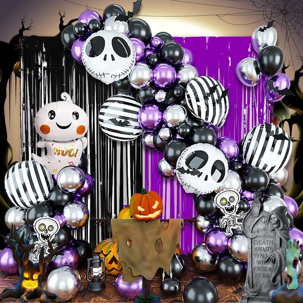 AIBIIN 87pcs Halloween Party Balloons Halloween Balloon Arch Garland Kit Black Purple Silver Balloons Black Purple Foil Fringe Curtain Halloween Spooky Boo Birthday Baby Shower Party Balloons Supplies