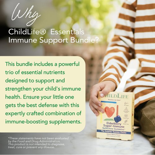 CHILDLIFE ESSENTIALS Immune Support Bundle - Contains Elderberry Super-Immune SoftChew Gummies, Zinc Plus, & Vitamin C, Supports The Immune System, High in Antioxidants - Mixed Flavors (1 Bundle)