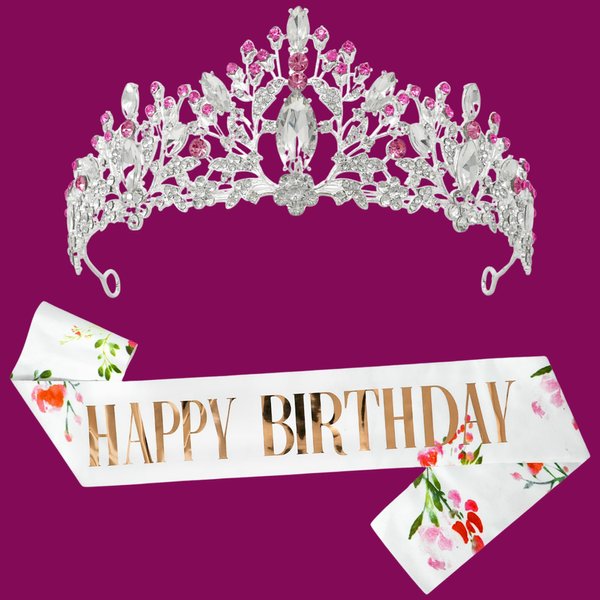 KatchOn, Birthday Queen Sash And Crown - Pink Rhinestone Tiaras for Women | Rose Gold Birthday Sash and Crown for Women | Birthday Decorations For Women | Shiny Happy Birthday Crown Adult Woman Set