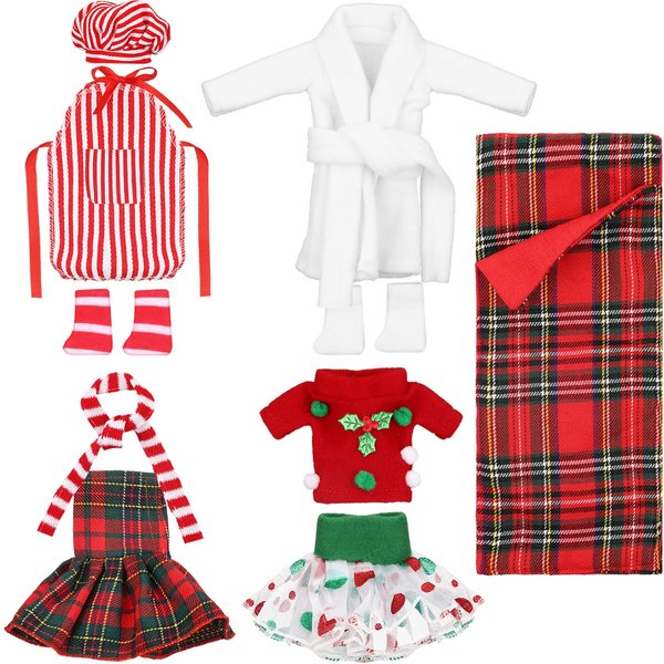 Sumind 10 Pieces Christmas Elf Doll Clothes Accessories Santa Elf Clothing Includes Plaid Elf Accessories with Skirts Nightgown Sleeping Bag Scarf Socks and More(Stylish Style)