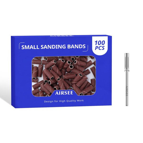 AIRSEE Small Sanding Bands 100Pcs Nail Drill Bits with 3.1mm Mandrel Bit, 180 Medium Grit Acrylic File Attachments Mini Professional Sander Salon Accessories Manicure and Pedicure Finger Callus, Brown