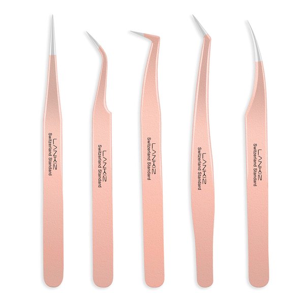 LANKIZ Eyelash Extension Tweezers Set 5 PCS for Eyelash Extensions Stainless Steel Lash Tweezers for Volume Lash Extensions-Rose Gold pinzas para pestaas pelo a pelo