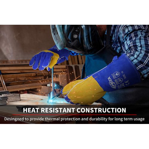 RAPICCA Welding Gloves Fire Heat Resistant: Blue 16IN 932℉ - Fireproof Leather For Stick Mig Flux-Core Welder Forge Blacksmith Fireplace Wood Stove Fire Pit Furnace Handling Dry ice - One Size