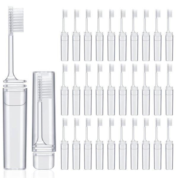 Rtteri 50 Pcs Travel Toothbrush Kit Bulk Folding Toothbrush with Toothbrush Cover Transparent Potable Travel Size Mini Toothbrush Small Foldable Manual Tooth Brushes for Adult Kid Camping School Home
