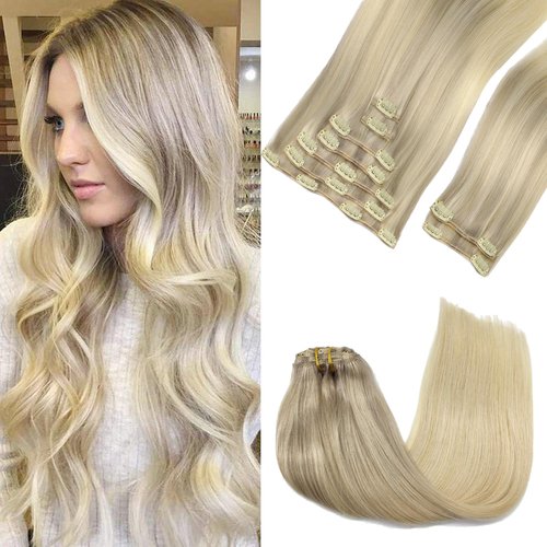 GOO GOO Clip in Hair Extensions Real Human Hair, 16inch 150g 9Pcs, 17/22/60 Balayage Ash Blonde to Golden Blonde and Platinum Blonde, Remy Human Hair Extensions Clip ins for Women, Natural Human Hair