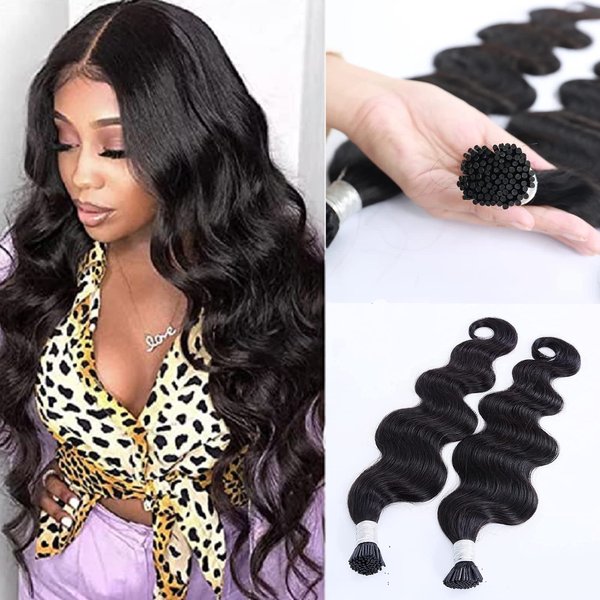 Itip Human Hair Extensions, 1B Natural Black Body Wave I Tip Hair Extensions Human Hair Cold Fusion 100% Real Human Hair Extensions Keratin Body Wave Itip Hair Extensions for Black Women 50G