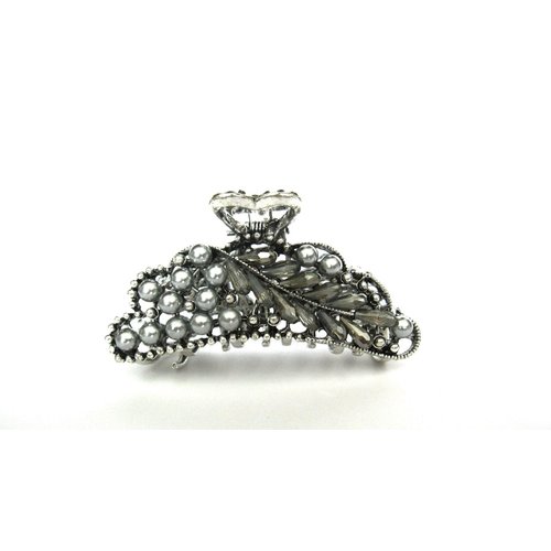 Silver metal gray crystal and silver pearl hair claw clip
