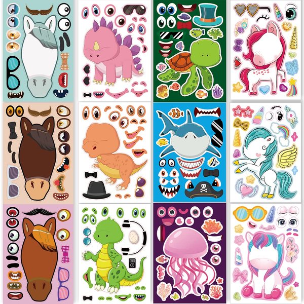 24 Sheets 8.27''×5.9'' Make Your Own Stickers for Kids Toddlers, Make a Face Stickers Mix and Match with Unicorn Dinosaur Horse and Sea Animals for Kids Party Favors Activities