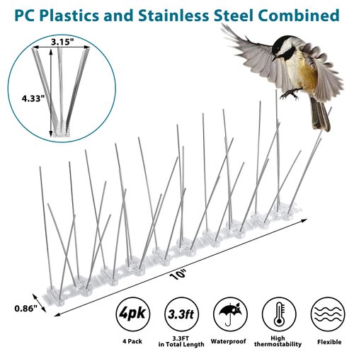 Boenoea Bird Spikes, Bird Repellent Devices Outdoor of Stainless Steel for Fence Windowsill Roof, Bird Deterrent Spikes for Small Bird and Squirrels (3.3FT)