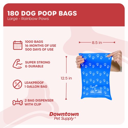Downtown Pet Supply 180 Count Unscented Dog Waste Bags with Dog Poop Bag Dispenser, Rainbow with Paw Prints - Leak-Proof Dog Poop Bags Refills with Leash Clip and Bone Bag Dispenser - 12.5 x 8.5"
