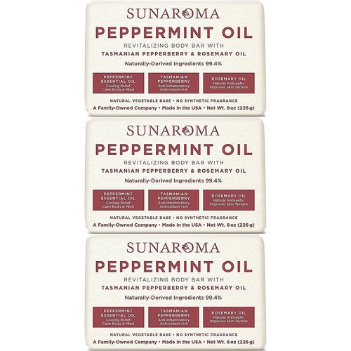 Sunaroma Peppermint Oil & Rosemary Body Bar Soap, 8 Ounce (Pack of 3)