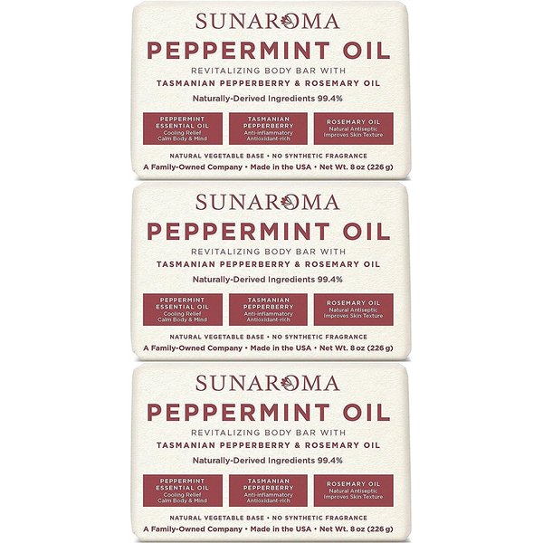Sunaroma Peppermint Oil & Rosemary Body Bar Soap, 8 Ounce (Pack of 3)