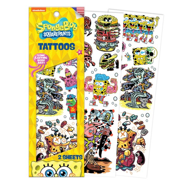 Savvi - 15 Sponge Bob Temporary Tattoos: Skin-Safe Ink, Great for Parties and Everyday Wear, Gifts for Teens and Adults, Made in the USA [2 sheets, 15 count]