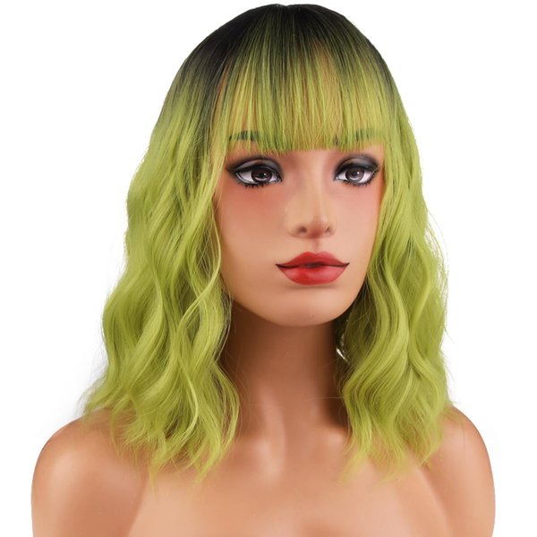 MAGQOO Green Wig for Women Girls Matcha Green Wig Short Curly Wavy Ombre Green Wig with Bangs Synthetic Heat Resistant Halloween Cosplay Costume