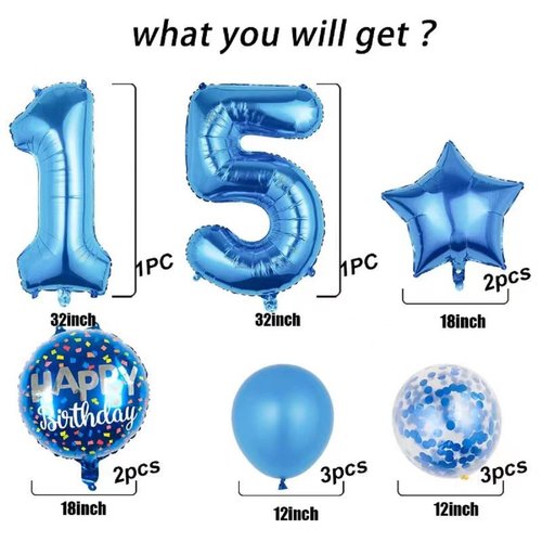 Balloons, 11 pcs Foil Balloons 15 Year Old for 15th Birthday Party Supplies Decoration， Confetti Balloon Kids Party Balloons Birthday Party Supplies 15 Years Old Birthday Balloon for Kids (15th, Blue)