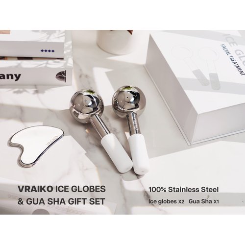 VRAIKO ICE Globes for Facials & Gua Sha Set, Gua Sha Facial Tools and Cryo Sticks with Unbreakable Steel, Face Massager Cooling Rollers for Dark Circles, Puffiness and Lymphatic Drainage (White)