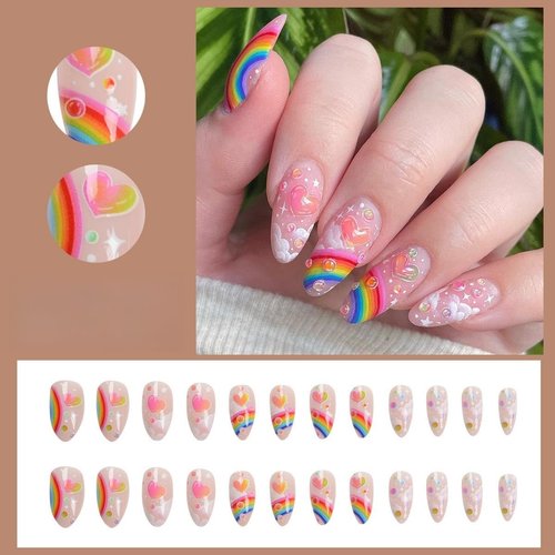 Pikabows Press On Nails Long Almond Heart Rainbow Stripe LGBT Fake Nails Acrylic False Nail Tips Kit Glue on Nails for Women