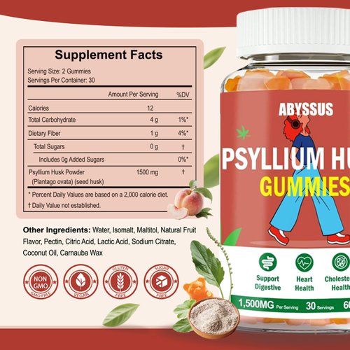 ABYSSUS Psyllium Husk Gummies 1500mg, Daily Psyllium Husk Fiber Supplement, Supports Digestive Health & Bloating Relief, Sugar-Free, Peach Flavor, 60 Count