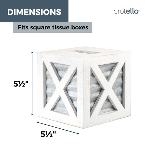 Crutello Wooden X Frame Tissue Box Cover with Galvanized Siding Backing- Rustic Farmhouse White Wood Tissue Holder