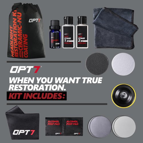 OPT7 Headlight Restoration Kit with Exclusive Ceramic Nu Coating - Professional Detailers Grade - Lens Polisher Drill Set