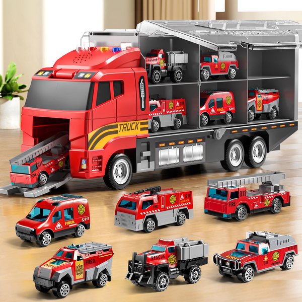 NIPLOOOW Toddler Boys Toys for 3 4 5 6 Years Old, Fire Truck Vehicle Toy Set with Play Mat, Die-Cast Toy Car Carrier Truck for Boys Kids, Birthday Gifts Toys for 3 4 5 6 7 8+ Year Old Boys