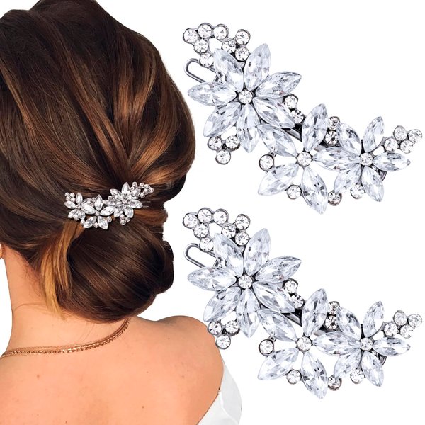 ANCIRS 2pcs Crystal Flower Hair Clips for Wedding, Silver Wedding Hair Pins, Rhinestone Flower Hair Accessories for Bridal Brides Women