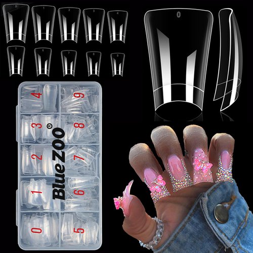 BlueZOO Duck Nail Tips, 500Pcs Clear C Curve False Nail Tips for Acrylic Nails, Gel X Half Cover Wide French Nails 10 Sizes, Y2K Nail Extension Professional Salon & Home DIY Nail Art for Women Girls