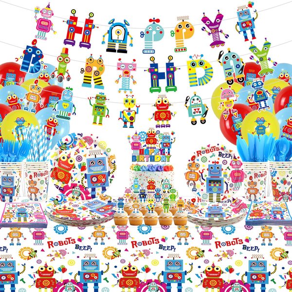 Robot Birthday Party Decoration, Robot Happy Birthday Banner, Tableware, Tablecloth and Balloons, Robot Party Supplies for Boys Girls Kids Baby Shower, Serves 20