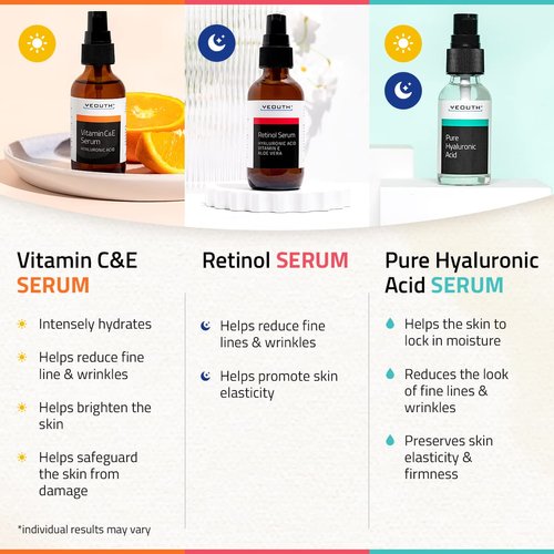 YEOUTH Retinol Serum for Face, Vitamin C Serum for Face with Hyaluronic Acid Serum for Face, Retinol Face Anti Aging Serum, Vitamin C Face Serum for Women, Skin Care 3x1 fl