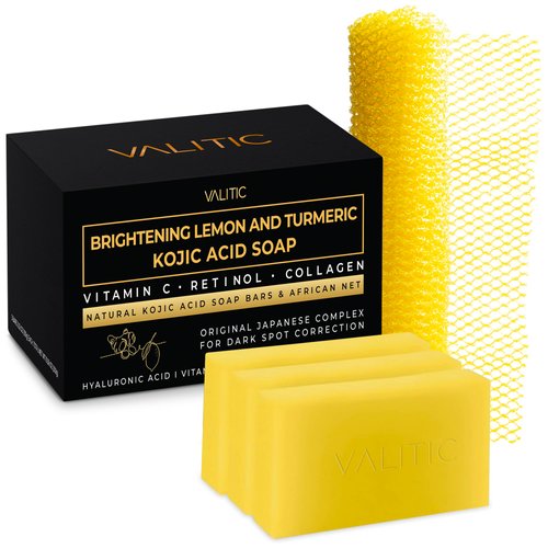VALITIC Brightening Lemon and Turmeric Kojic Acid Soap - Vitamin C, Retinol - Original Japanese Complex with Hyaluronic Acid, Vitamin E, Shea Butter, Castile Olive Oil - 3 Pack and African Net Sponge